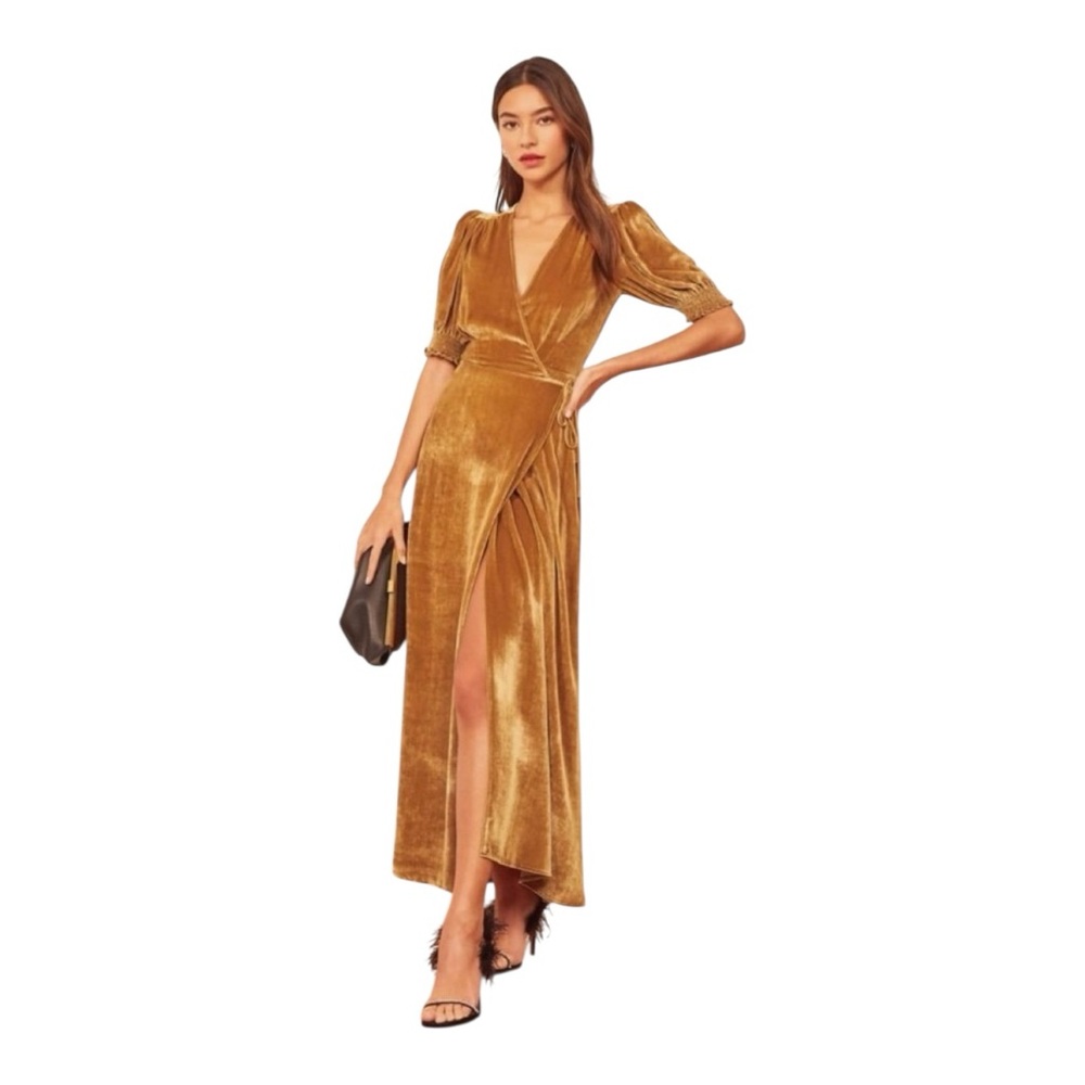 Reformation Elegant Gold Velvet Wrap maxi Dress size large - Picture 1 of 6